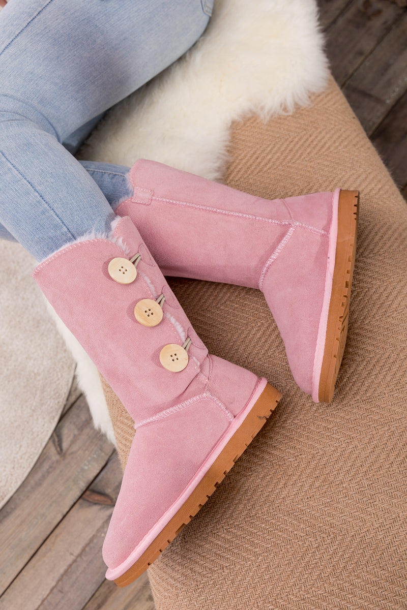UGG Side Button Faux Fur-Lined Leather Suede Boots - Pink