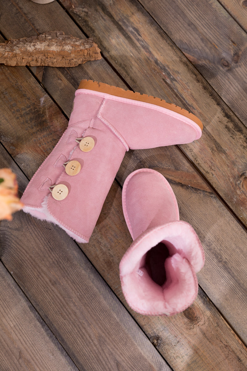 UGG Side Button Faux Fur-Lined Leather Suede Boots - Pink