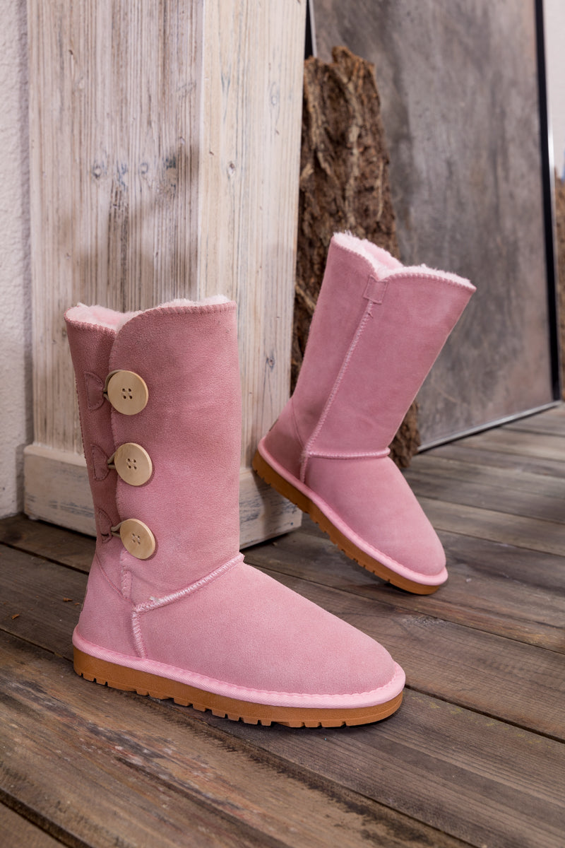 UGG Side Button Faux Fur-Lined Leather Suede Boots - Pink