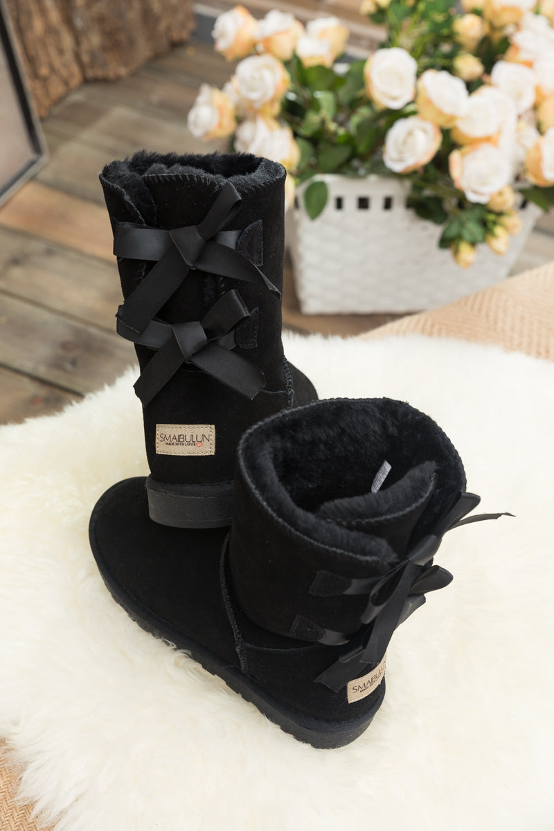 UGG Double Ballet Ribbon Bow Suede Shearling Boots - Black