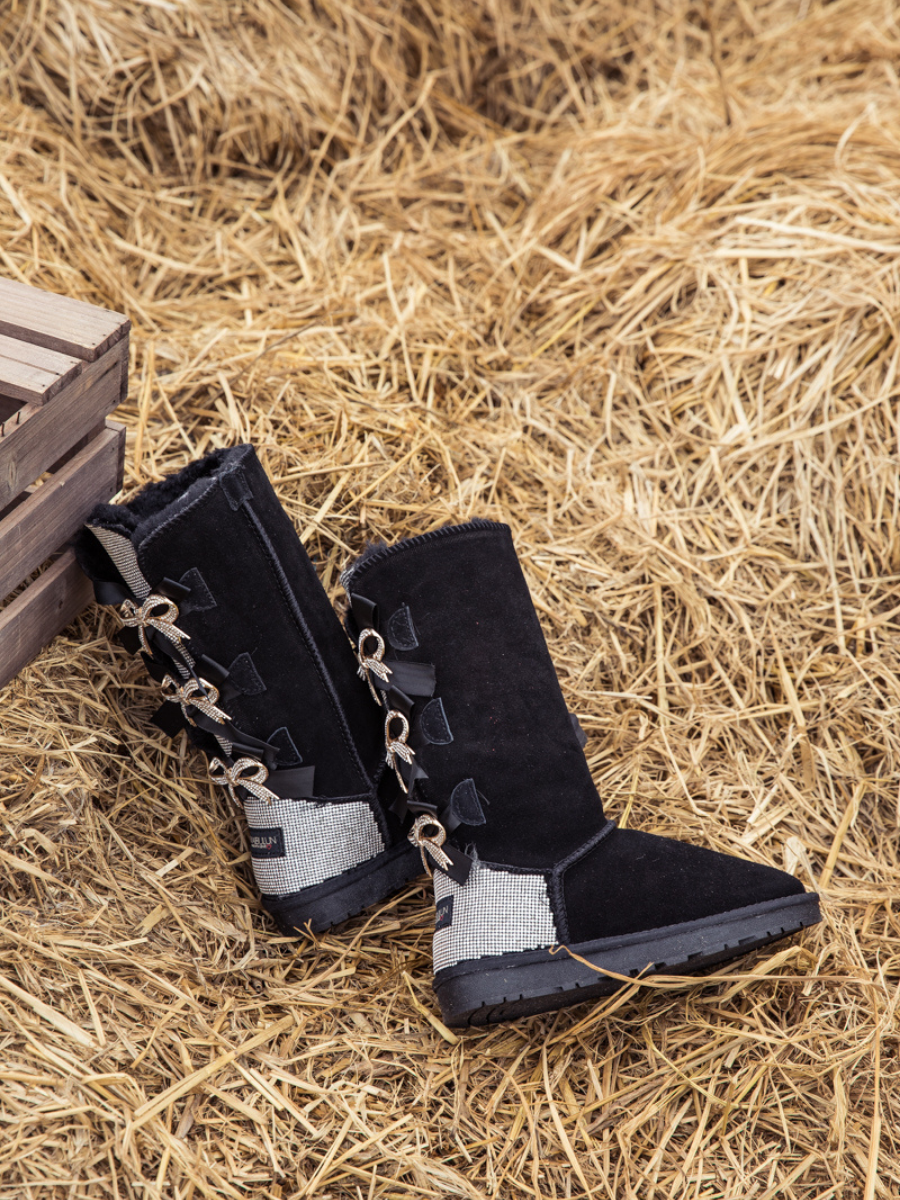 UGG Rhinestone Ribbon Tri-Tie Bow Suede Boots - Black