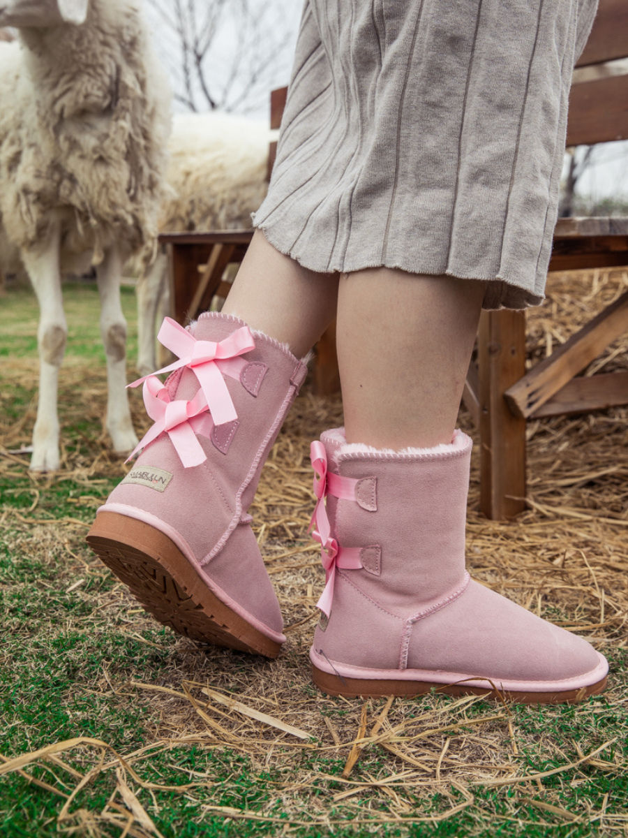 UGG Double Ballet Ribbon Bow Suede Shearling Boots - Pink
