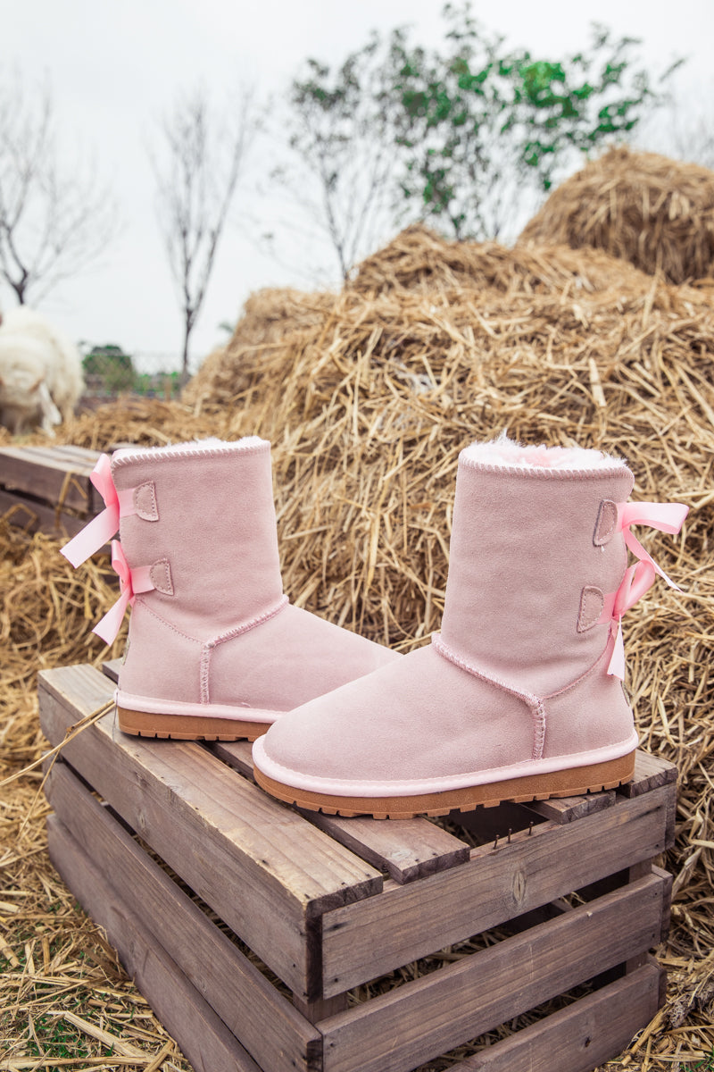 UGG Double Ballet Ribbon Bow Suede Shearling Boots - Pink