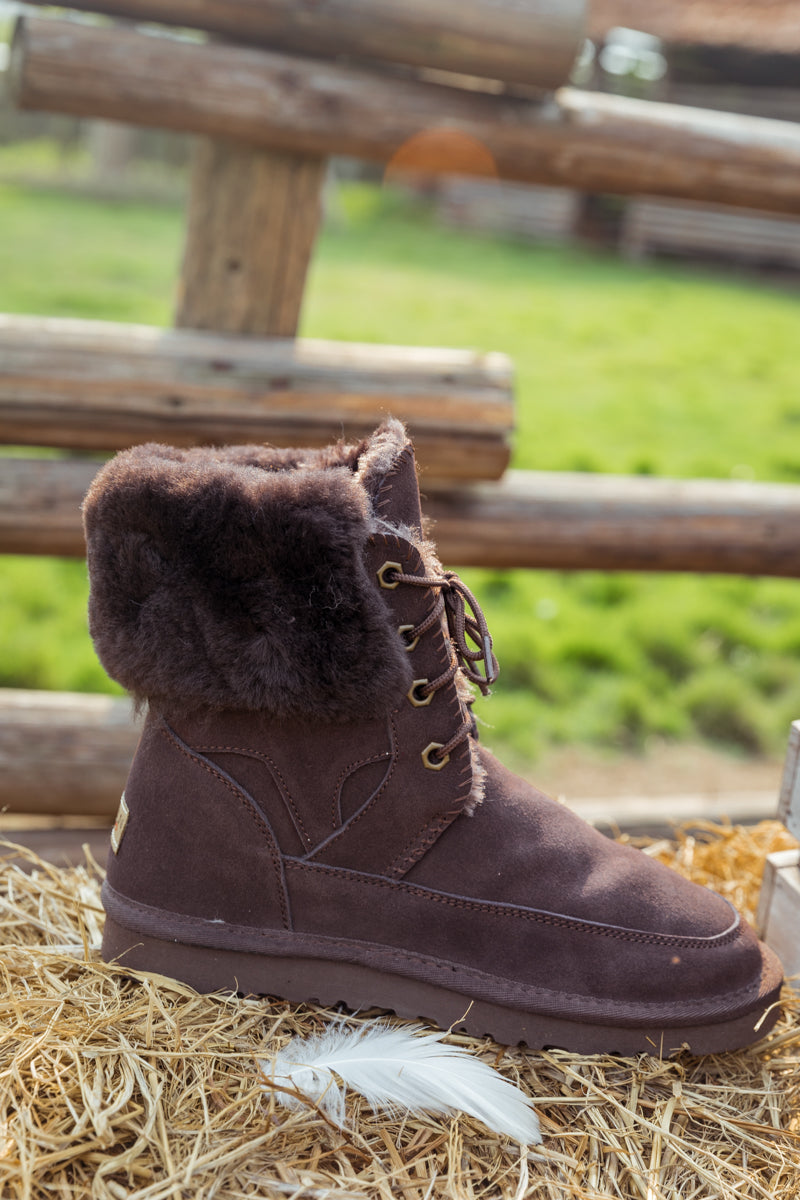 UGG Wool-Lined Suede Tie Up Boots - Chocolate