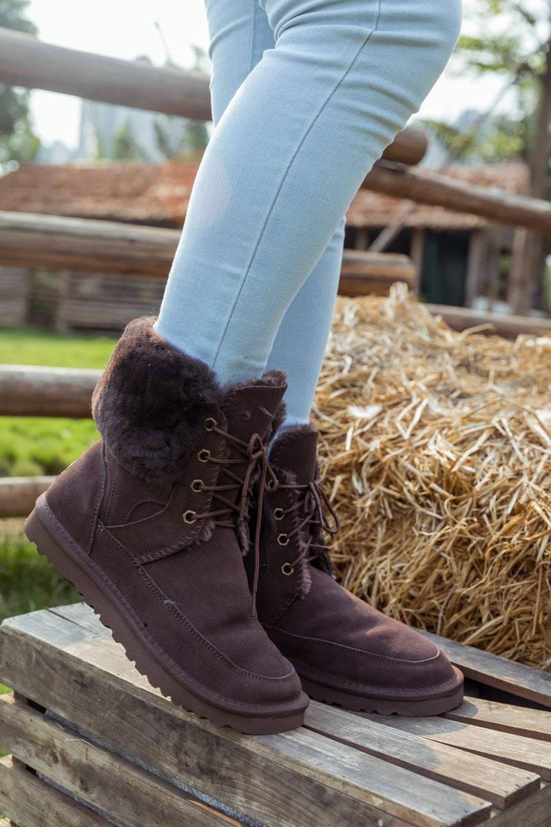 UGG Wool-Lined Suede Tie Up Boots - Chocolate