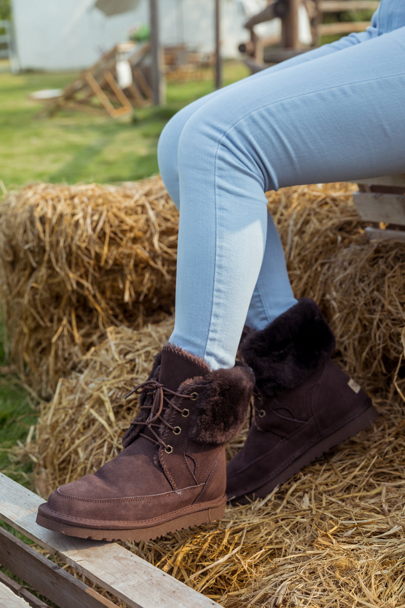 UGG Wool-Lined Suede Tie Up Boots - Chocolate