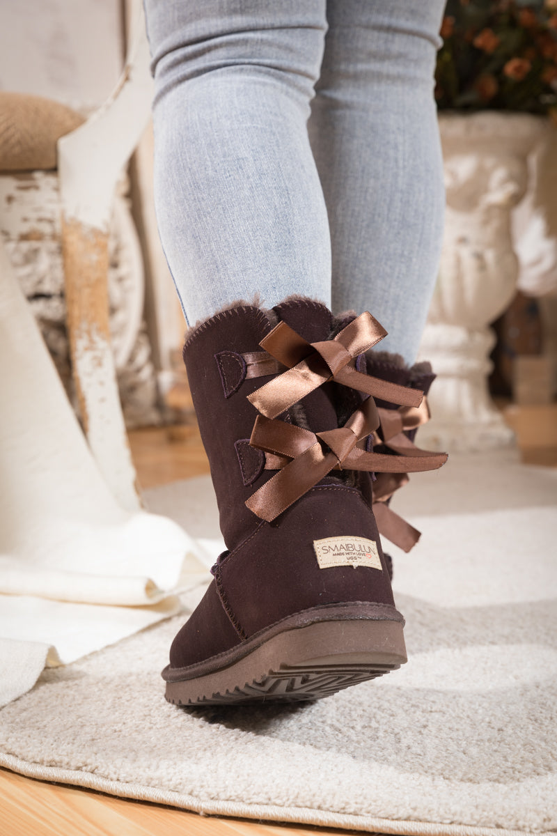 UGG Double Ballet Ribbon Bow Suede Shearling Boots - Brown