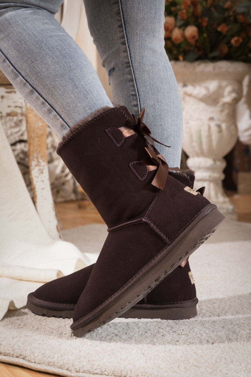 UGG Double Ballet Ribbon Bow Suede Shearling Boots - Brown