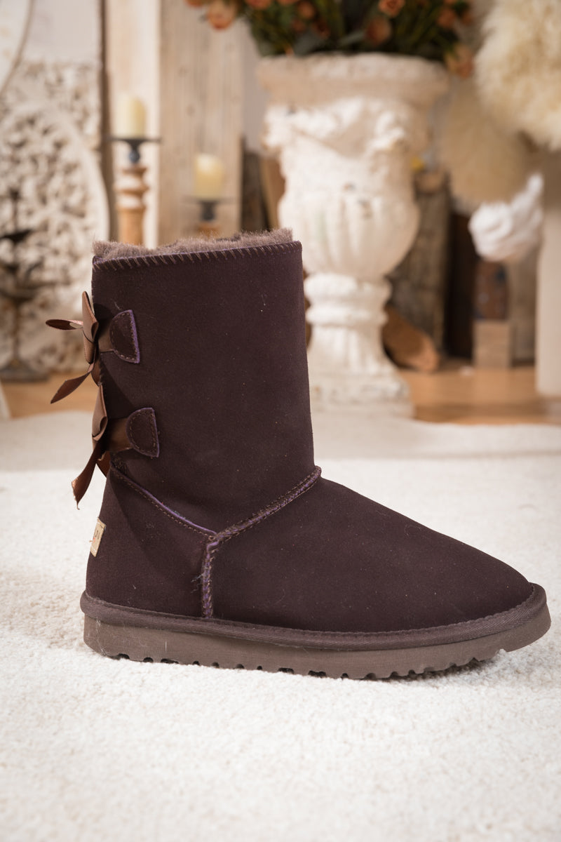UGG Double Ballet Ribbon Bow Suede Shearling Boots - Brown