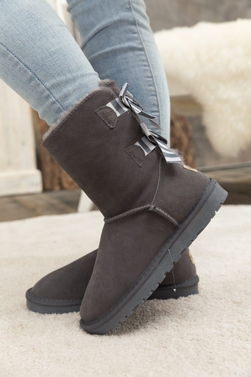 UGG Serenity Striped Bailey Bow Shearling Boots - Grey