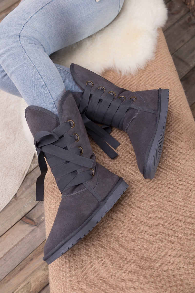 UGG Ribbon Lace-Up Faux Fur-lined Suede Boot - Charcoal