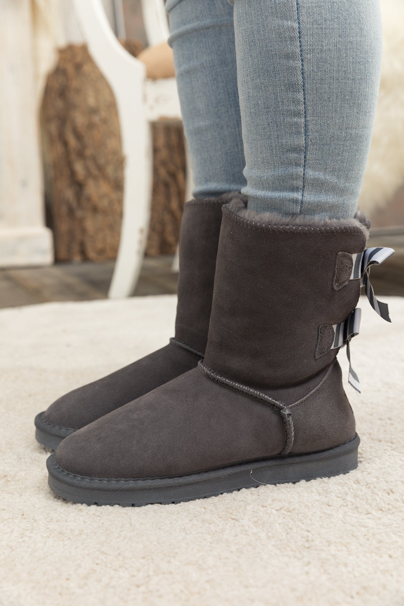 UGG Serenity Striped Bailey Bow Shearling Boots - Grey