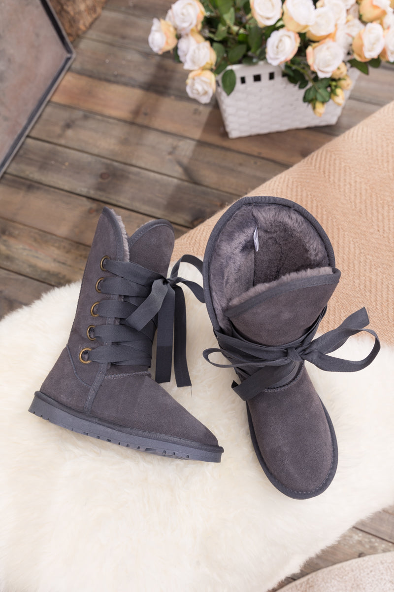 UGG Ribbon Lace-Up Faux Fur-lined Suede Boot - Charcoal