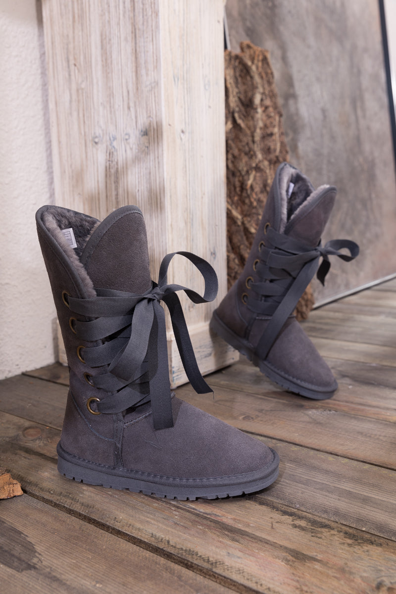 UGG Ribbon Lace-Up Faux Fur-lined Suede Boot - Charcoal