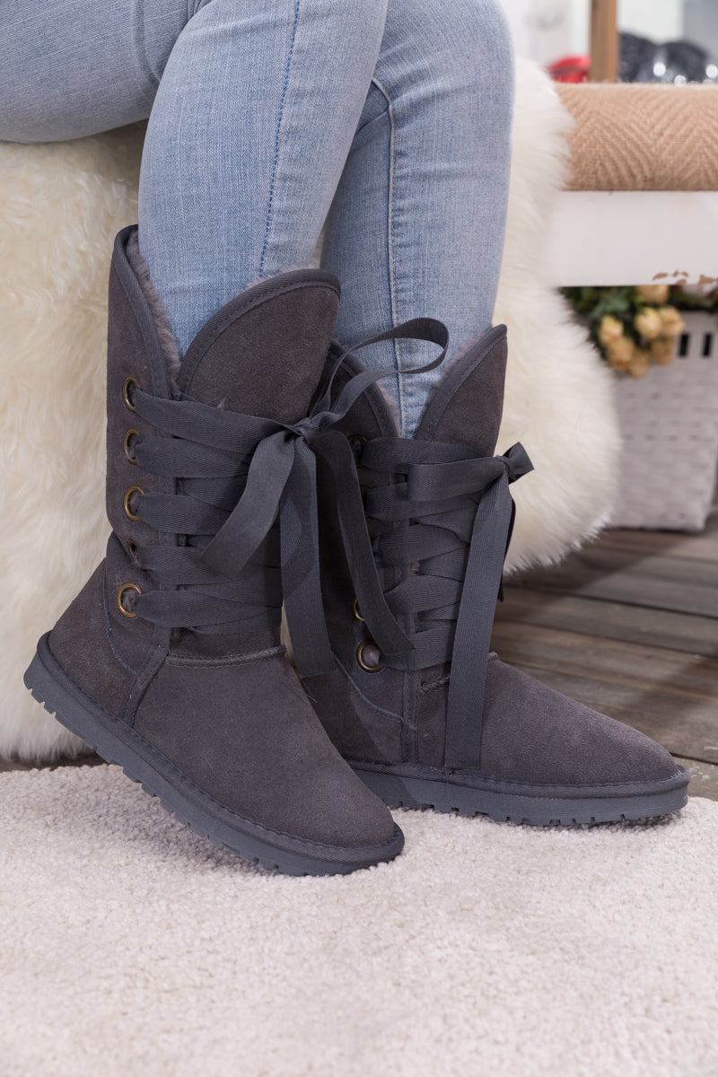 UGG Ribbon Lace-Up Faux Fur-lined Suede Boot - Charcoal
