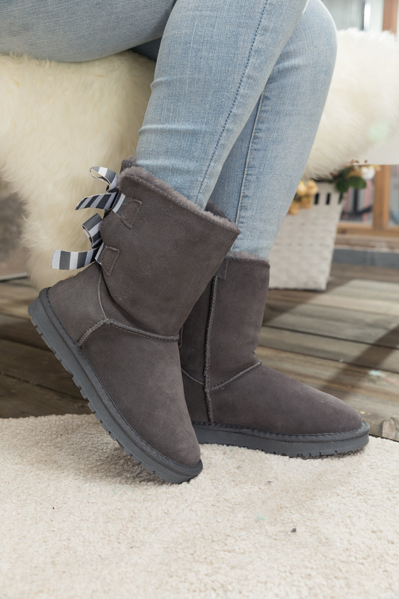 UGG Serenity Striped Bailey Bow Shearling Boots - Grey
