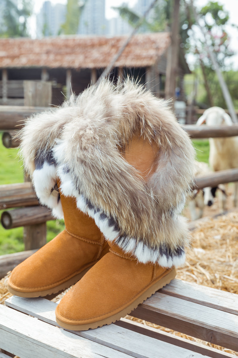 UGG Faux Fur Wool-Lined Grazing Calf Boots - Chestnut