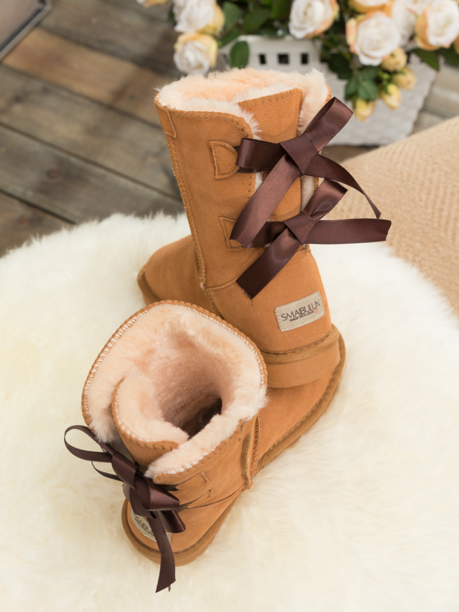 UGG Double Ballet Ribbon Bow Suede Shearling Boots - Chestnut