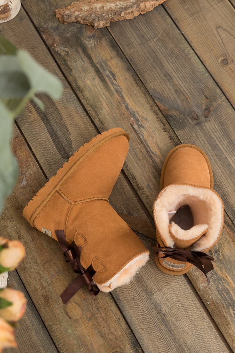 UGG Double Ballet Ribbon Bow Suede Shearling Boots - Chestnut