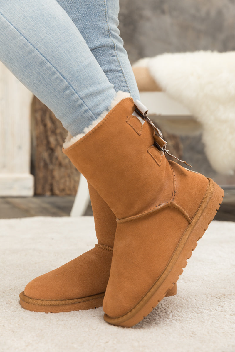 UGG Serenity Striped Bailey Bow Shearling Boots - Chestnut