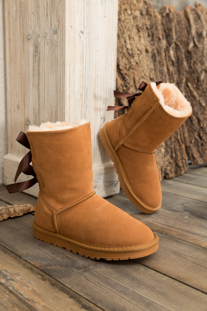 UGG Double Ballet Ribbon Bow Suede Shearling Boots - Chestnut