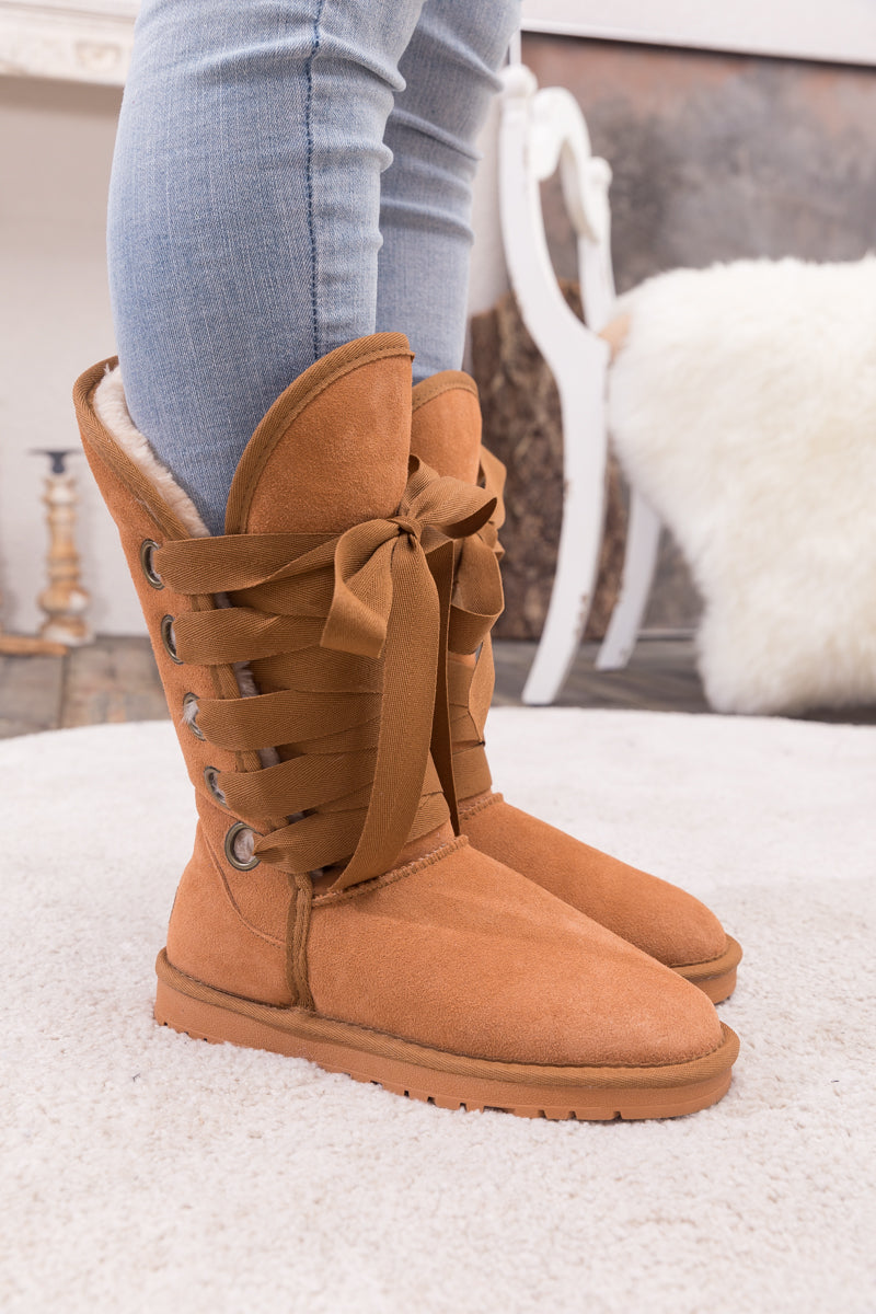 UGG Ribbon Lace-Up Faux Fur-lined Suede Boot - Chestnut