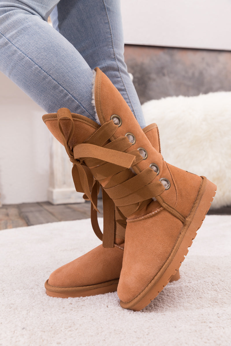 UGG Ribbon Lace-Up Faux Fur-lined Suede Boot - Chestnut