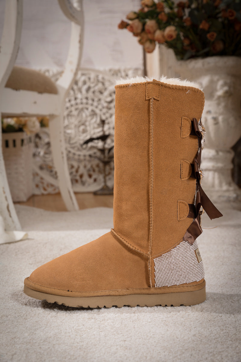 UGG Rhinestone Ribbon Tri-Tie Bow Suede Boots - Chestnut