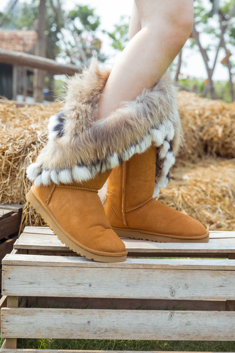 UGG Faux Fur Wool-Lined Grazing Calf Boots - Chestnut