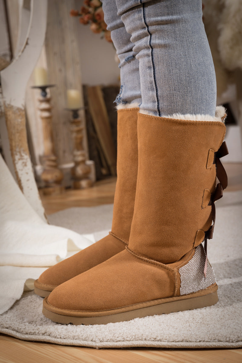UGG Rhinestone Ribbon Tri-Tie Bow Suede Boots - Chestnut