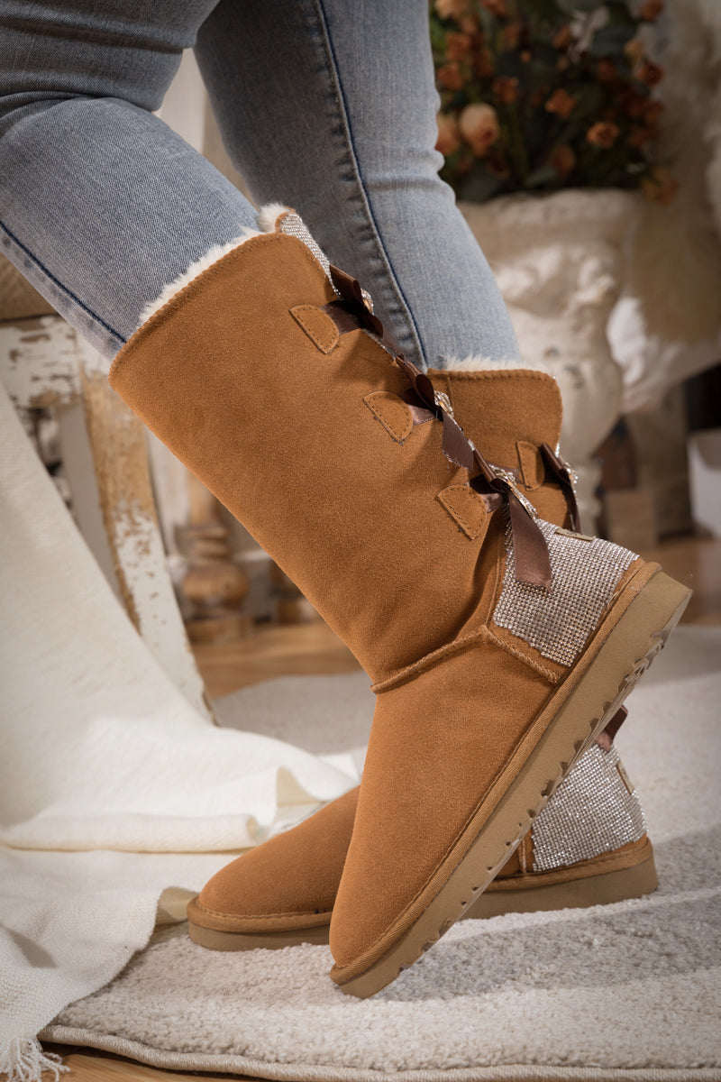 UGG Rhinestone Ribbon Tri-Tie Bow Suede Boots - Chestnut