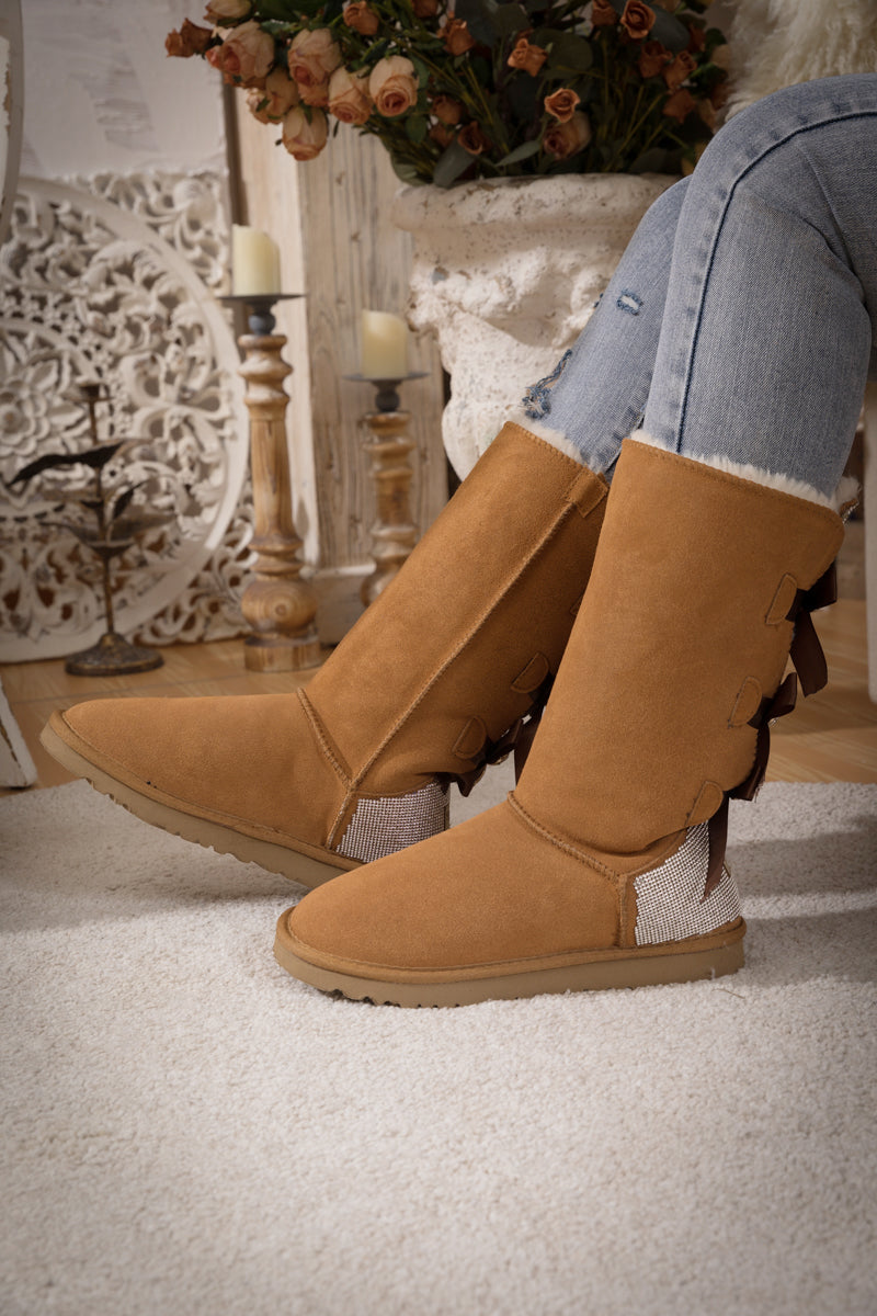 UGG Rhinestone Ribbon Tri-Tie Bow Suede Boots - Chestnut