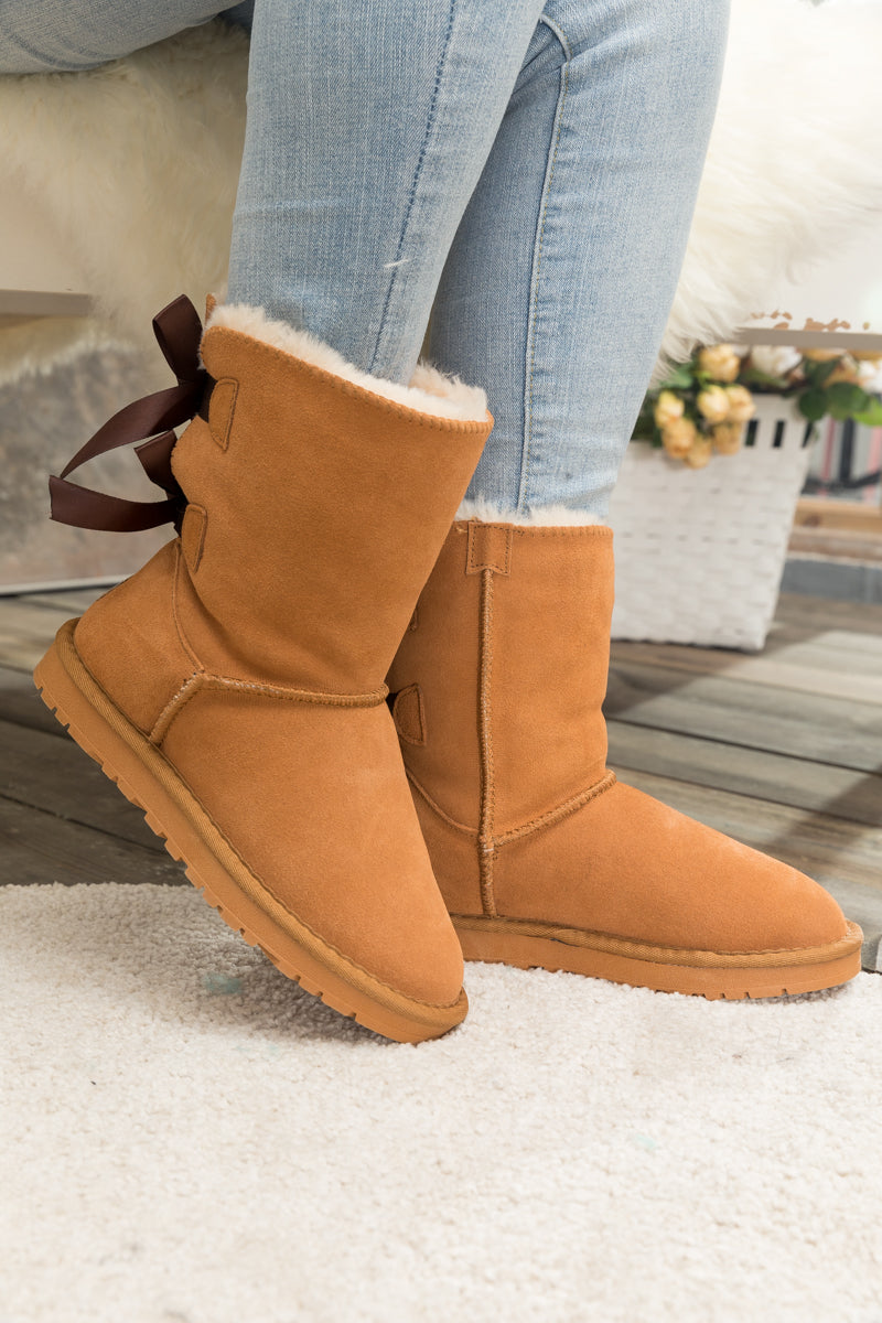 UGG Double Ballet Ribbon Bow Suede Shearling Boots - Chestnut