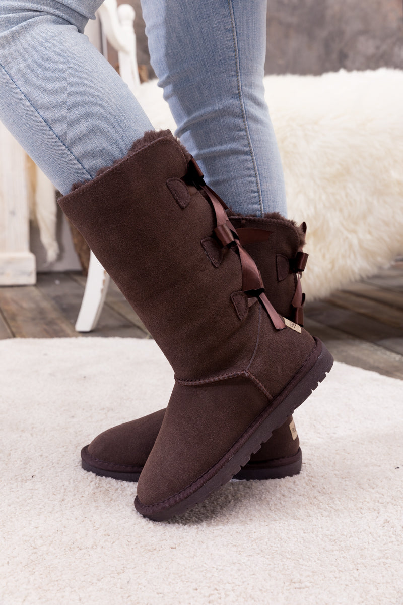 UGG Tri Ribbon Bow Suede Boots - Chocolate