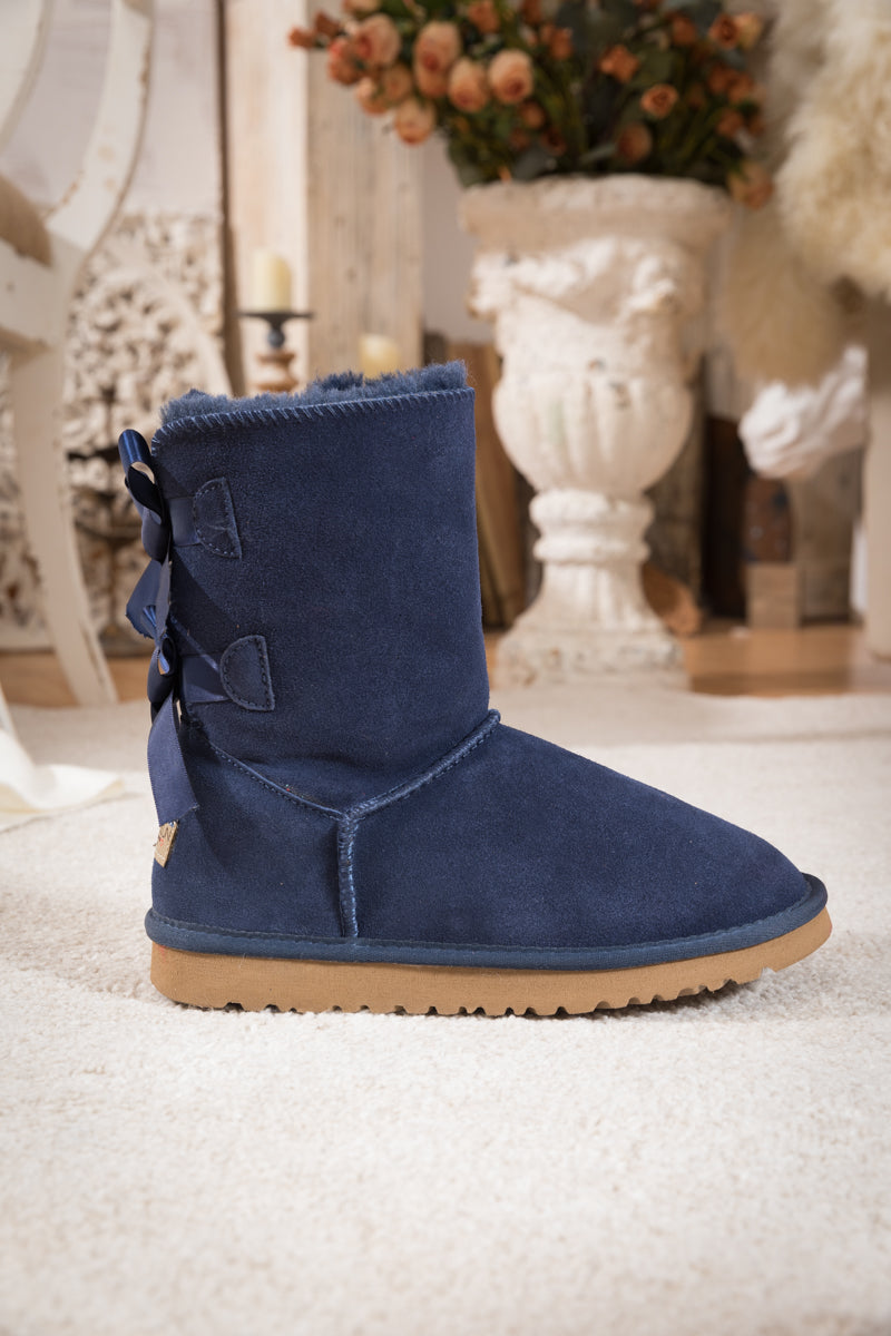 UGG Double Ballet Ribbon Bow Suede Shearling Boots - Navy