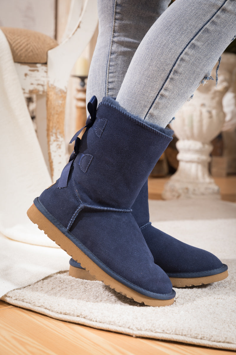 UGG Double Ballet Ribbon Bow Suede Shearling Boots - Navy