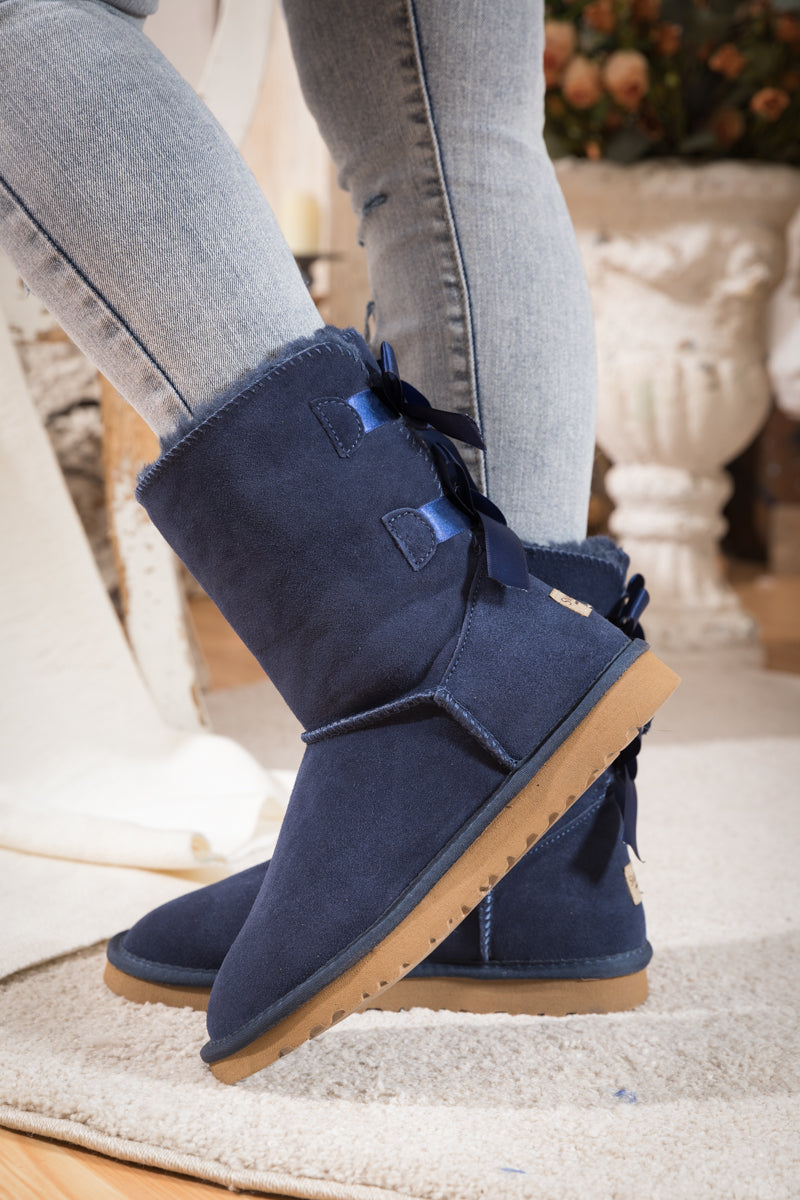 UGG Double Ballet Ribbon Bow Suede Shearling Boots - Navy