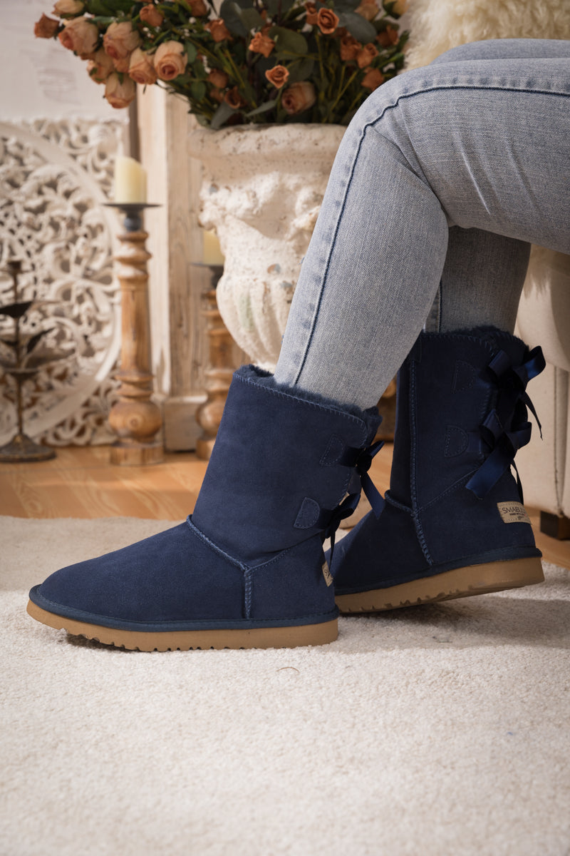 UGG Double Ballet Ribbon Bow Suede Shearling Boots - Navy