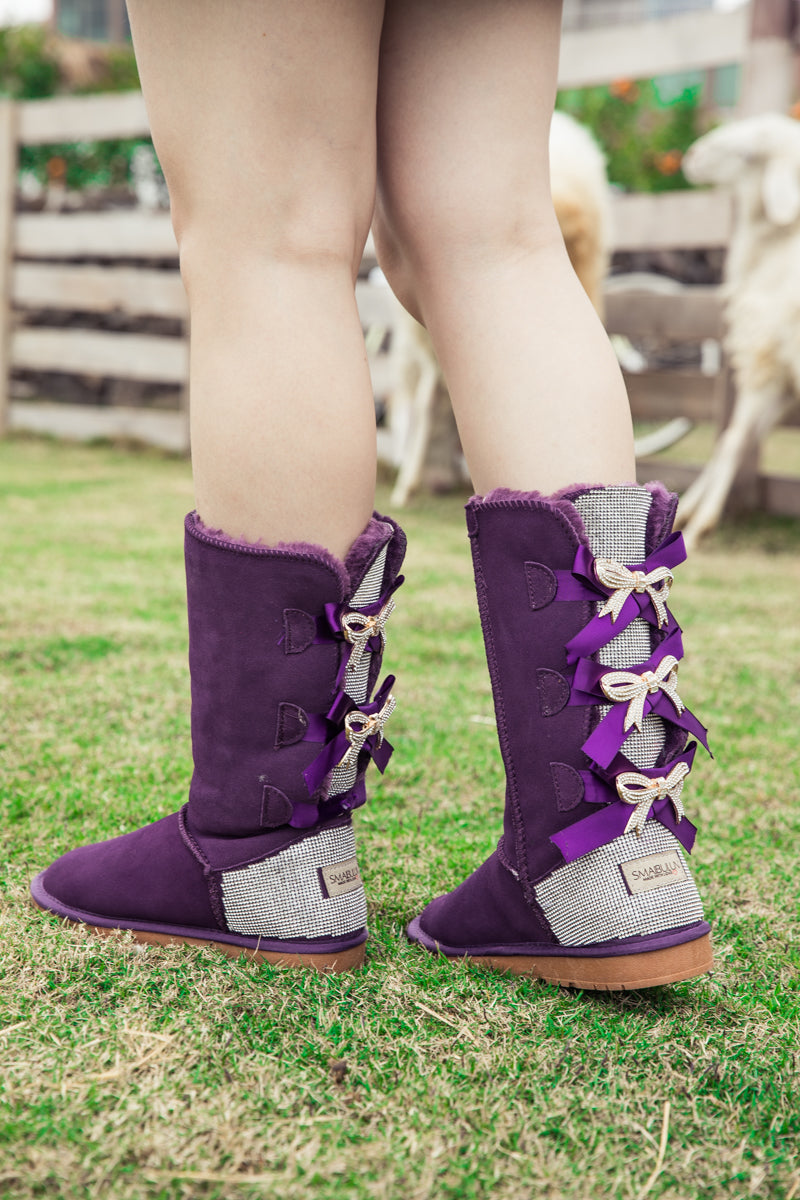 UGG Rhinestone Ribbon Ballet Bow Suede Boots - Purple