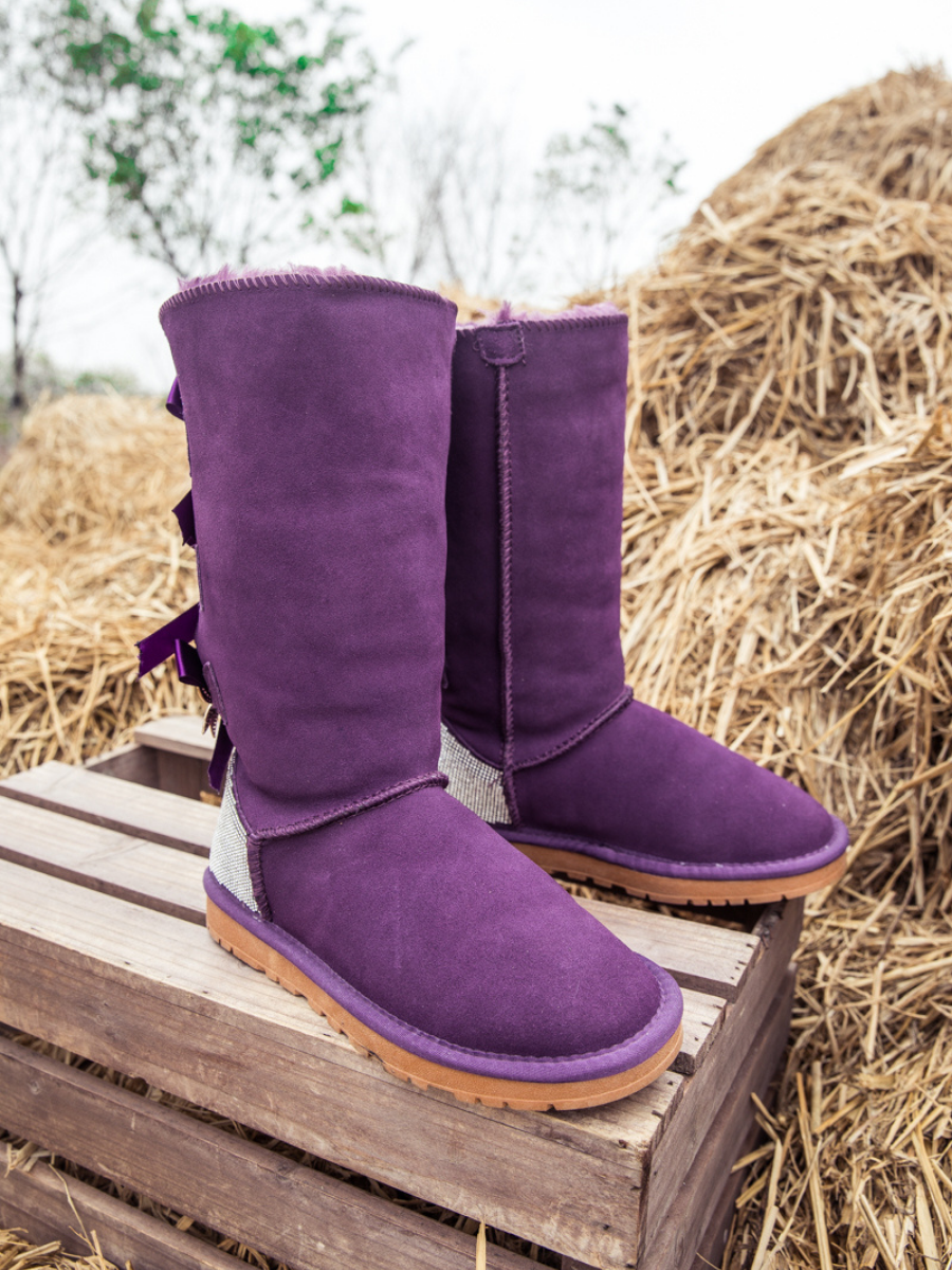 UGG Rhinestone Ribbon Ballet Bow Suede Boots - Purple