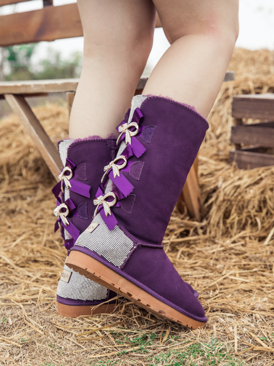 UGG Rhinestone Ribbon Ballet Bow Suede Boots - Purple