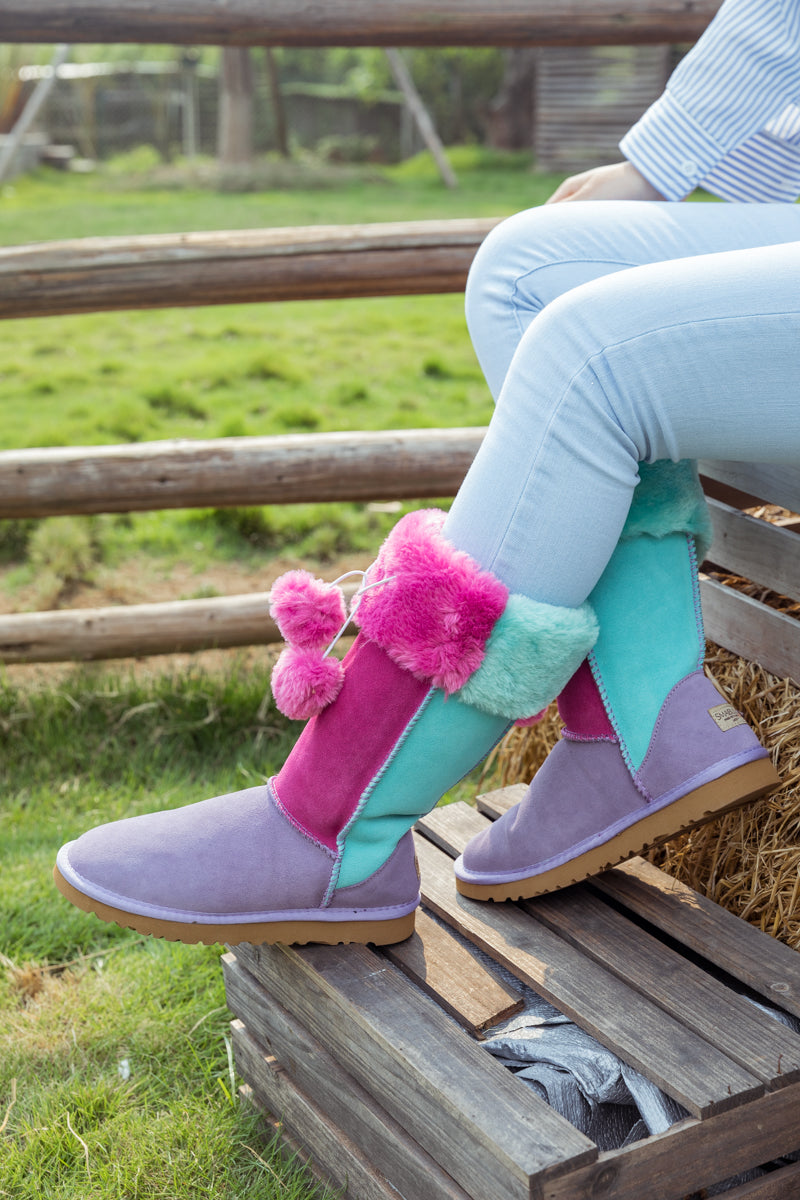 UGG Fringe Ball Color Contrast Suede Boots - Purple