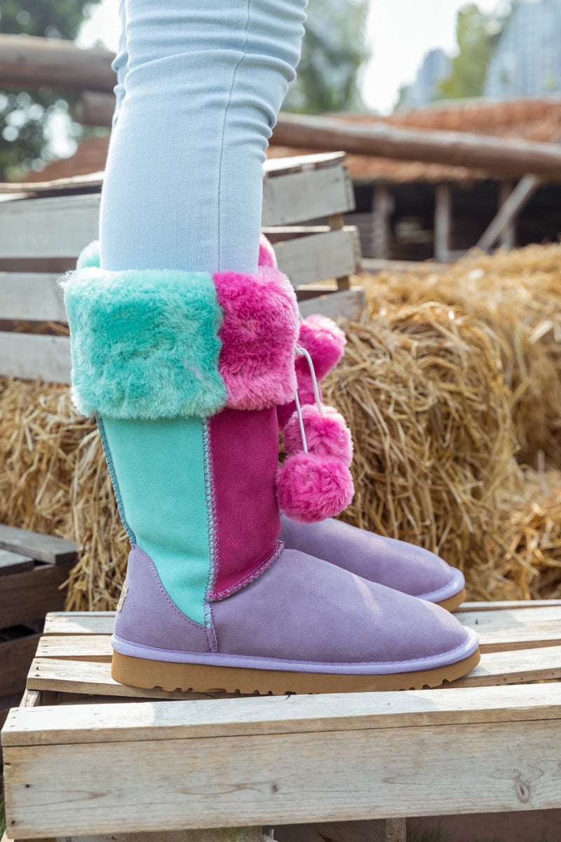 UGG Fringe Ball Color Contrast Suede Boots - Purple