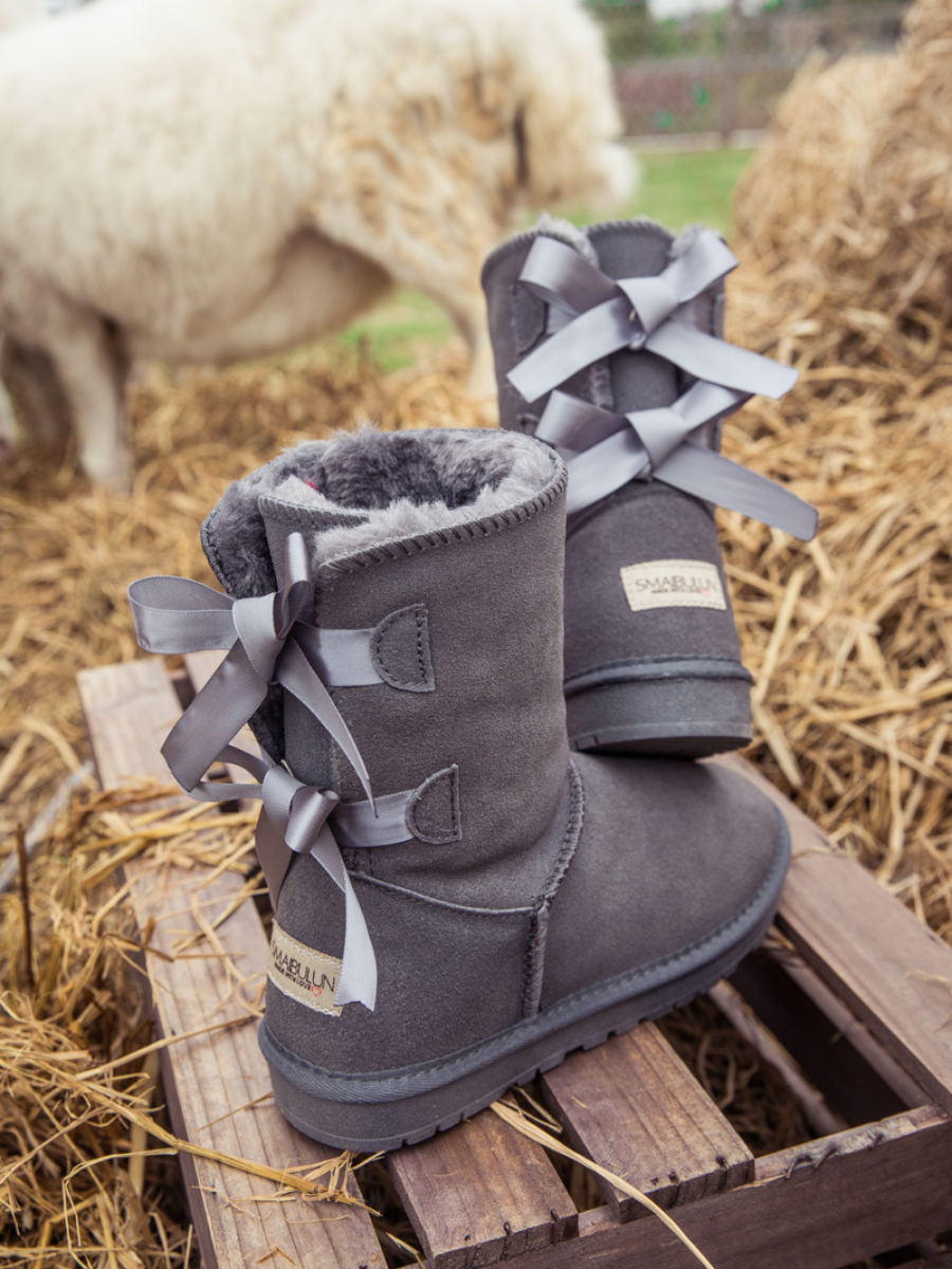 UGG Double Ballet Ribbon Bow Suede Shearling Boots - Grey