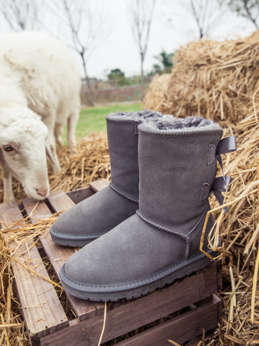 UGG Double Ballet Ribbon Bow Suede Shearling Boots - Grey