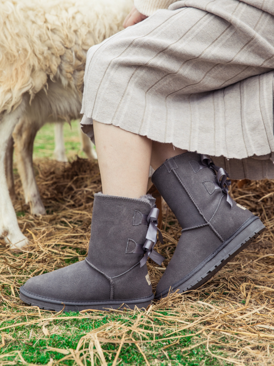 UGG Double Ballet Ribbon Bow Suede Shearling Boots - Grey