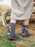 UGG Double Ballet Ribbon Bow Suede Shearling Boots - Grey