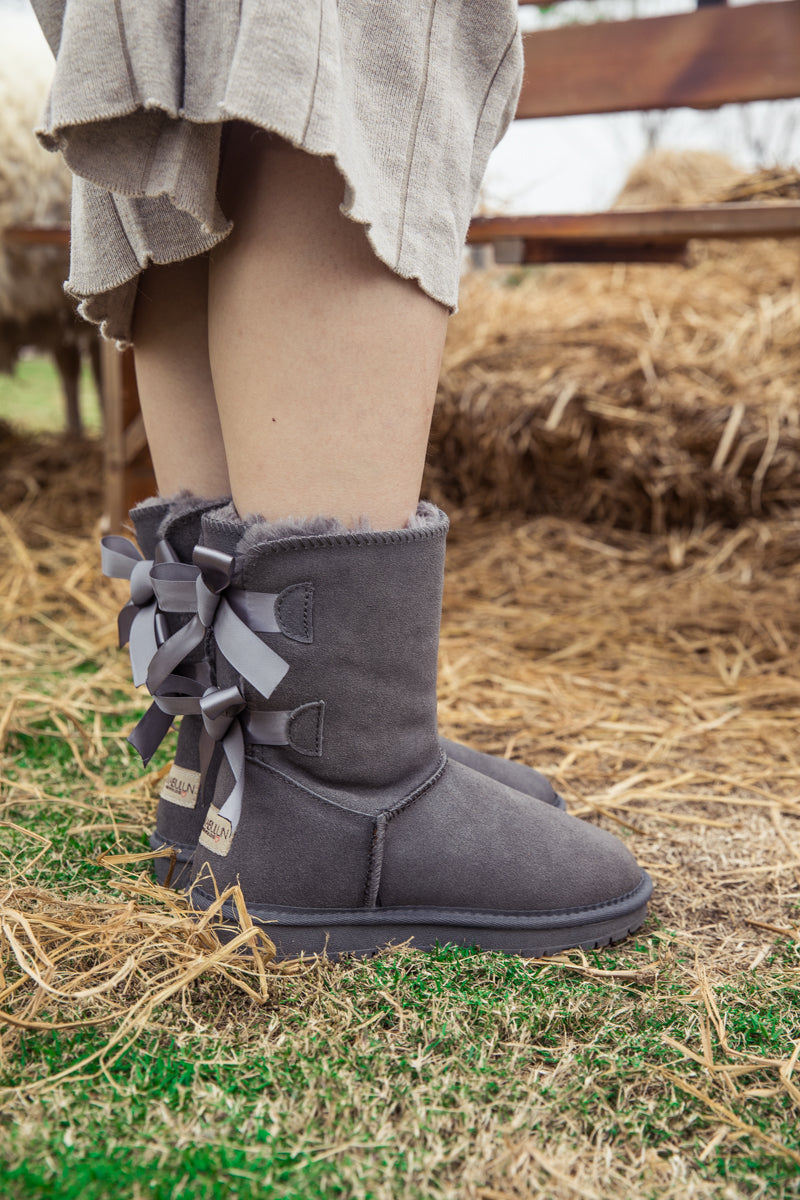 UGG Double Ballet Ribbon Bow Suede Shearling Boots - Grey