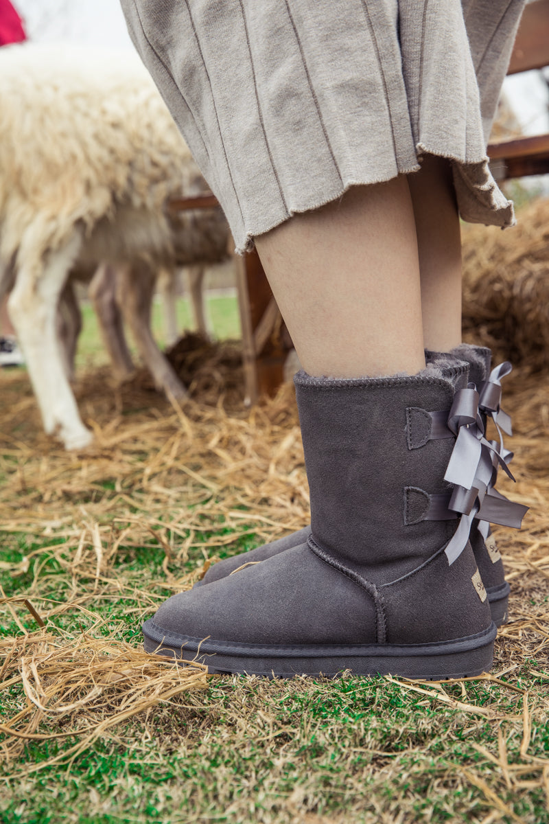 UGG Double Ballet Ribbon Bow Suede Shearling Boots - Grey