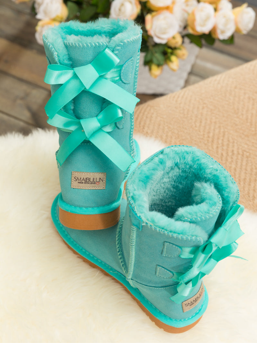 UGG Double Ballet Ribbon Bow Suede Shearling Boots - Turquoise